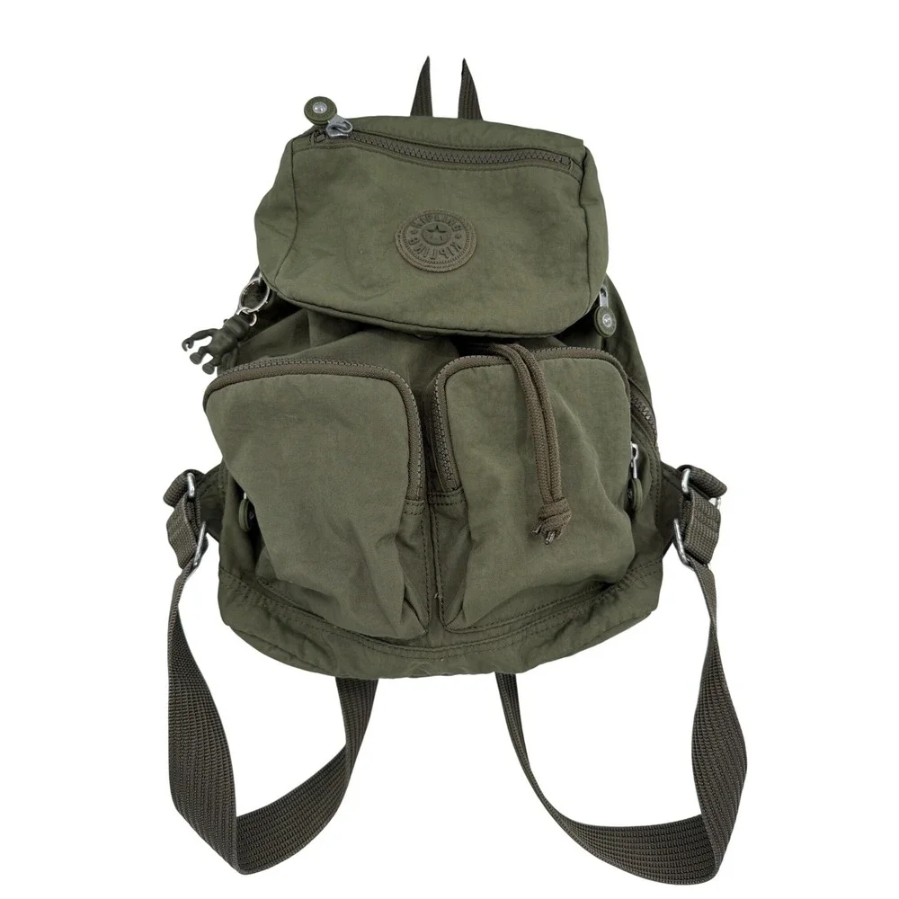 Kipling Elijah‎ Small Crinkle Nylon Backpack Olive Green with Monkey Keychain